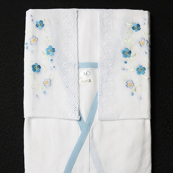 画像1: 夏物和装肌着　刺繍レース袖付きスリップ　ブルー　（M） (1)