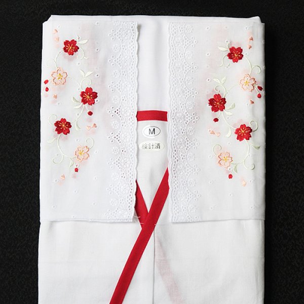 画像1: 夏物和装肌着　刺繍レース袖付きスリップ　赤　（S） (1)