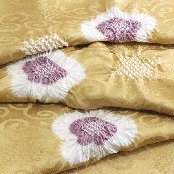 画像1: 帯揚げ　輪出し白場取り小花　芥子色（からしいろ）／鳩羽色（はとばいろ）（14） (1)