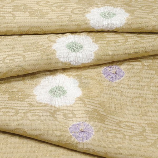画像1: 帯揚げ　絽輪出し白場取り菊花 　芥子色（からしいろ）（11） (1)
