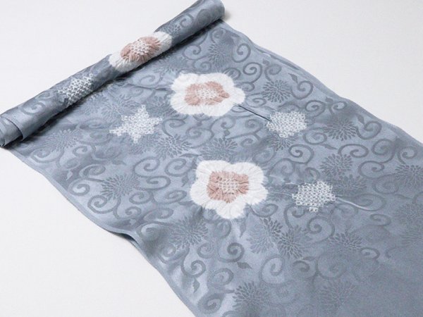 画像4: 帯揚げ　輪出し白場取り小花　紺鼠（こんねず）／鴇浅葱（ときあさぎ）（16） (4)