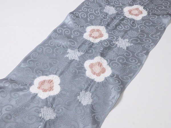 画像2: 帯揚げ　輪出し白場取り小花　紺鼠（こんねず）／鴇浅葱（ときあさぎ）（16） (2)