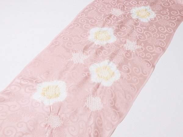 画像2: 帯揚げ　輪出し白場取り小花　石竹色（せきちくいろ）／蜂蜜色（はちみついろ）（04） (2)