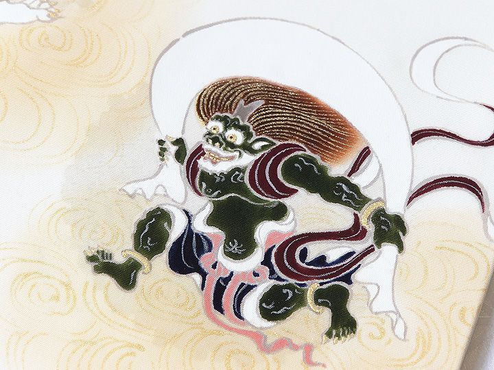 手描き友禅 名古屋帯 風神雷神<オフホワイト>|京都の着物和装小物